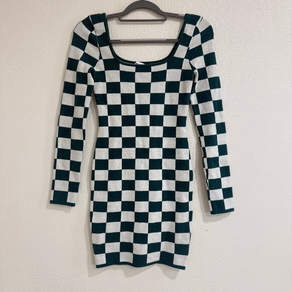 Princess Polly Lucien Green White Checker Knit Mini Dress Long Sleeve Size XS/S - Picture 2 of 4